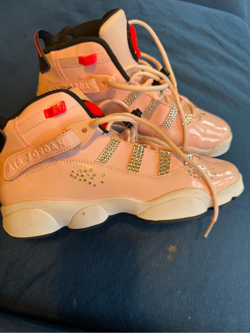 Jordan Kids Light Pink High-Top Sneakers with Rhinestone Stripes